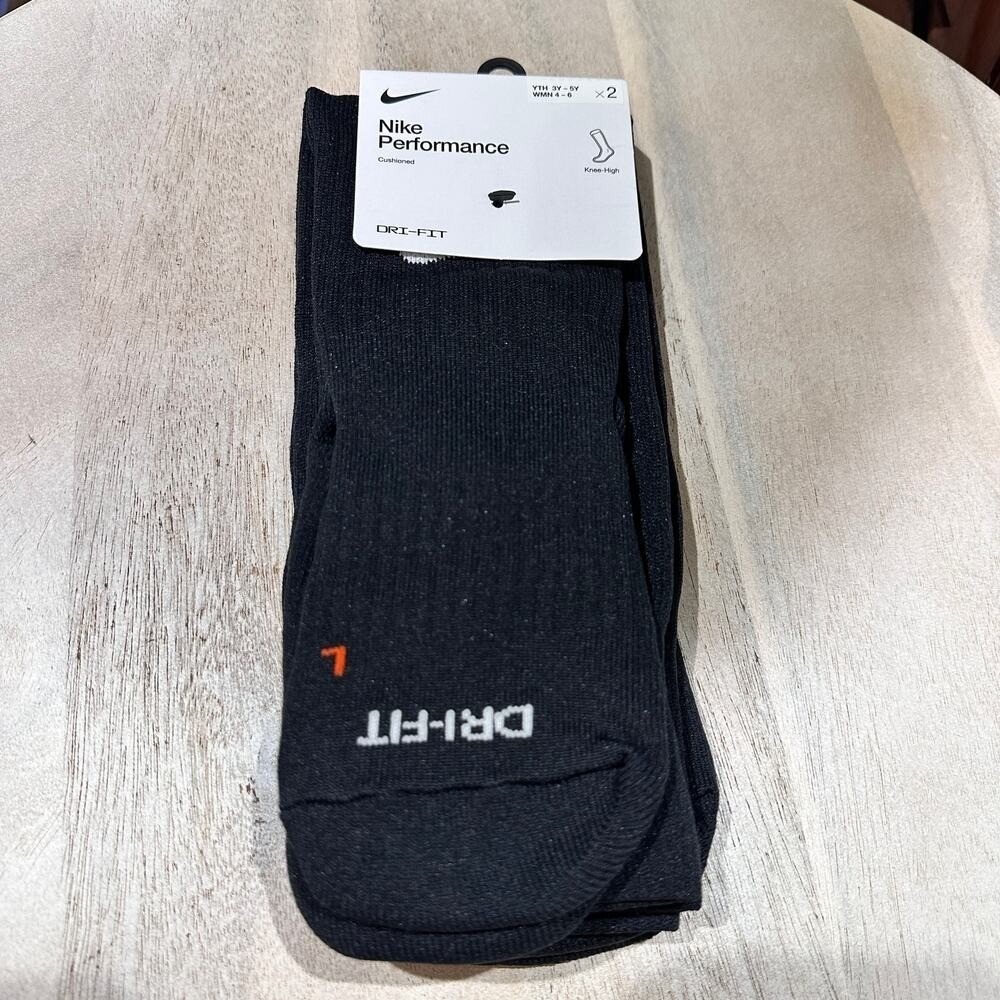 New 2 Pair Nike Performance Cushioned Knee-High Dri- Fit Black Socks Size Small
